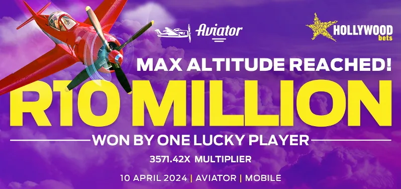 Hollywoodbets banner announcing a R10 million Aviator win at 3571x
